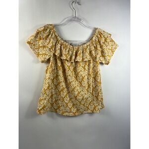 Loft Blouse Women's Sz M Mustard Yellow/White Print Elastic Ruffle Scoop‎ Neck